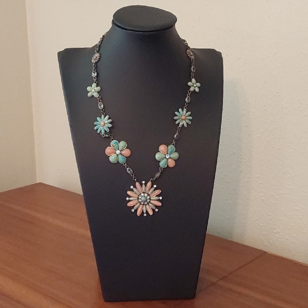 Studio Barse Silver Floral Necklace with Pink and Green Accents